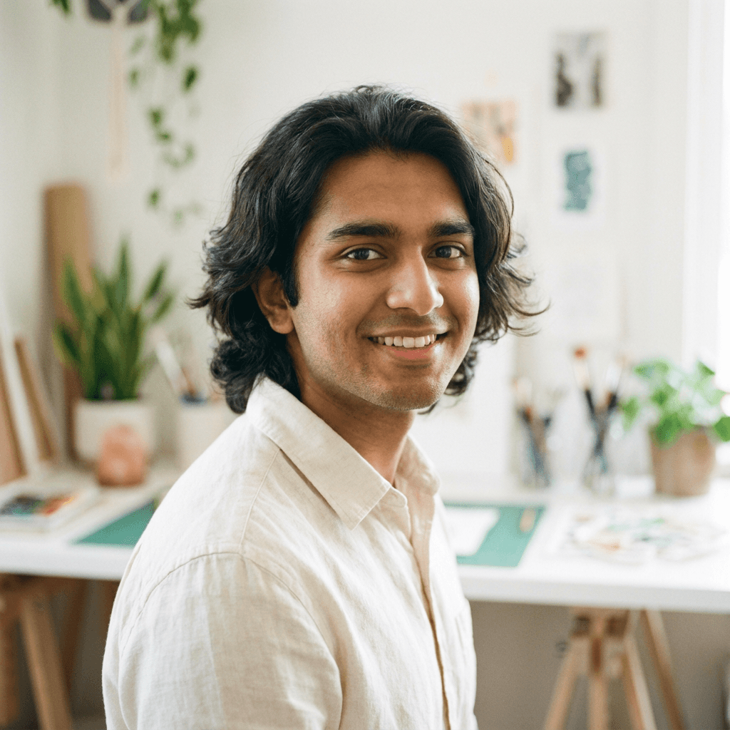 Ravi Mehta in a casual shirt at a coffee shop