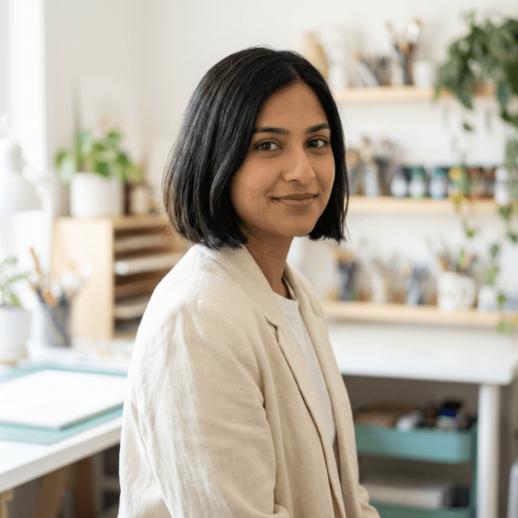 Ananya Sharma smiling in a creative bright office