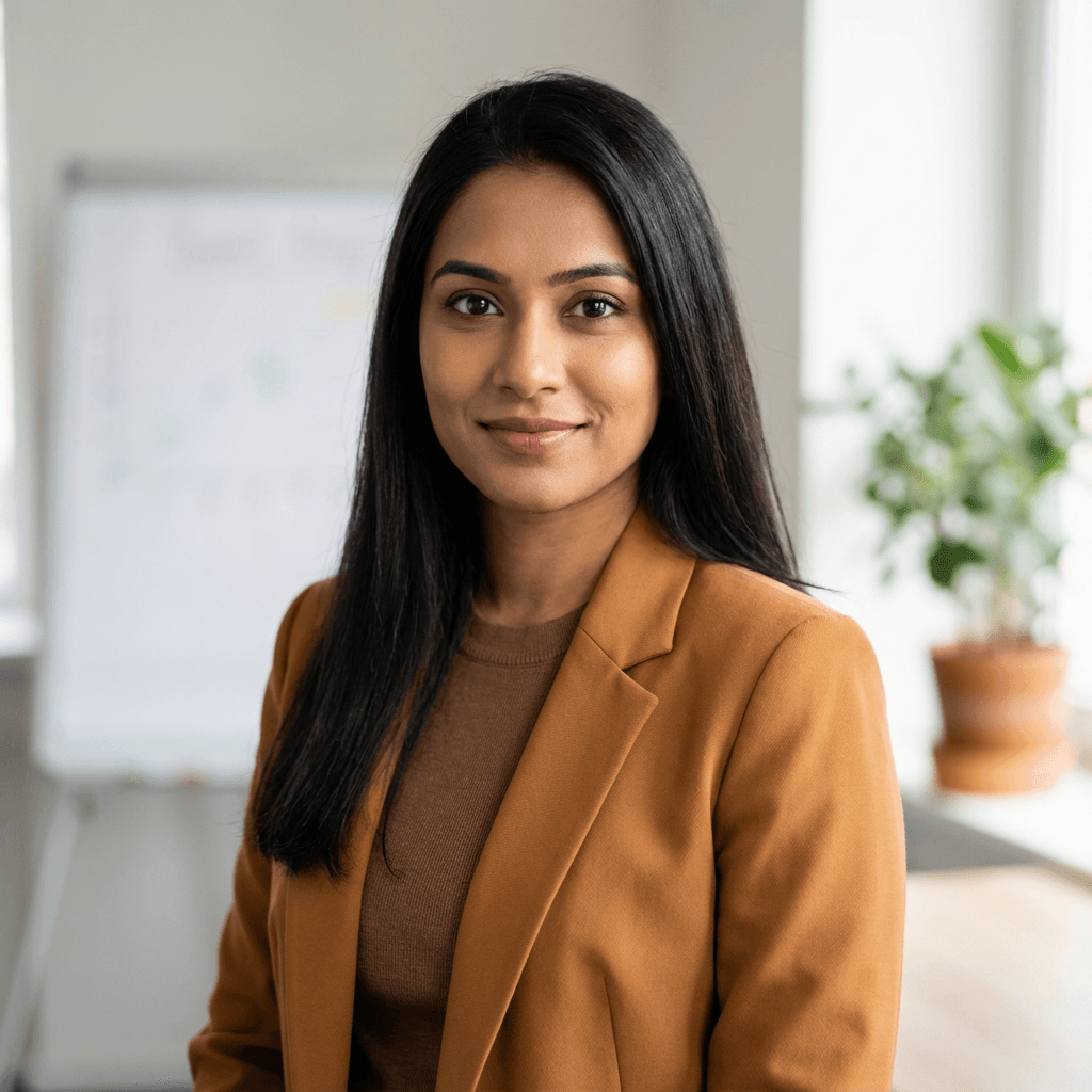 Priya Menon in a clean modern office
