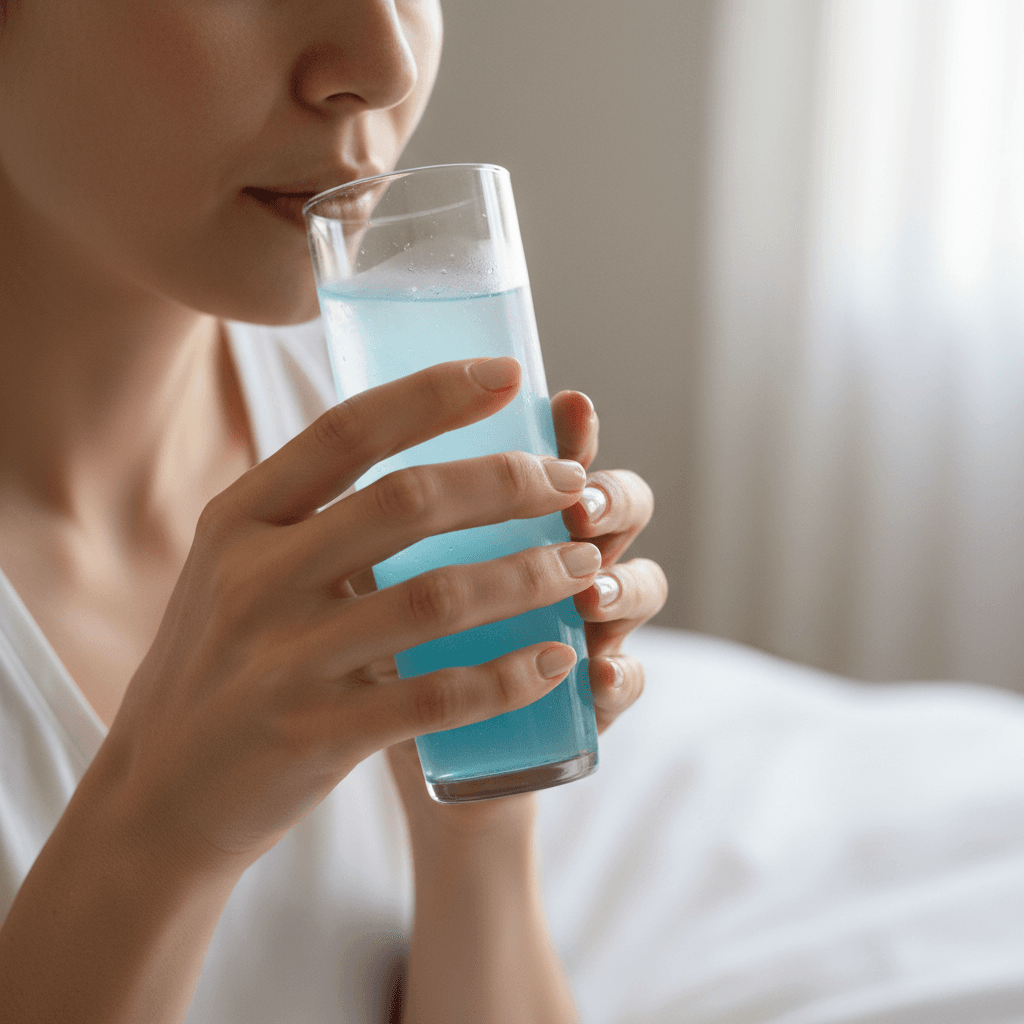 Person holding a small bottle of clear liquid in their palm modern wellness setting