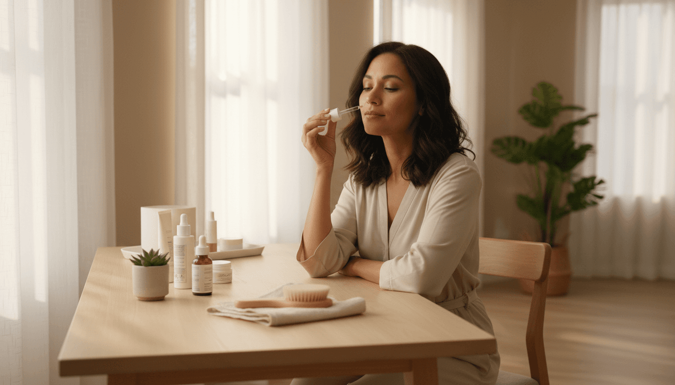 Woman applying nail care product at home