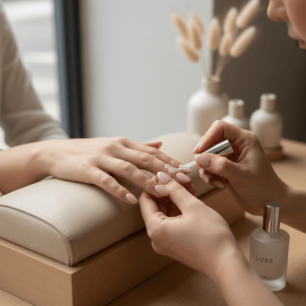 Fresh strong fingernails against a soft beige background minimalist nail care aesthetic