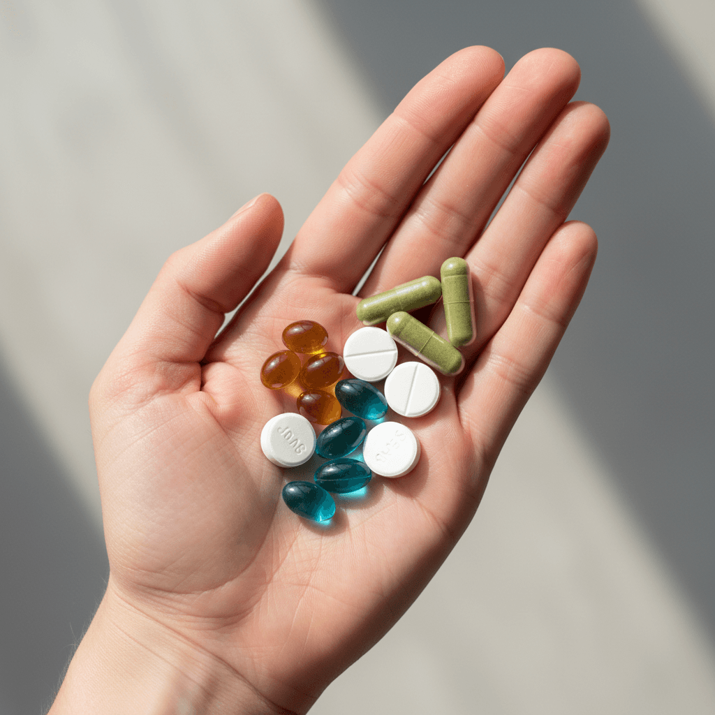 person holding a small supplement capsule in their palm with natural light