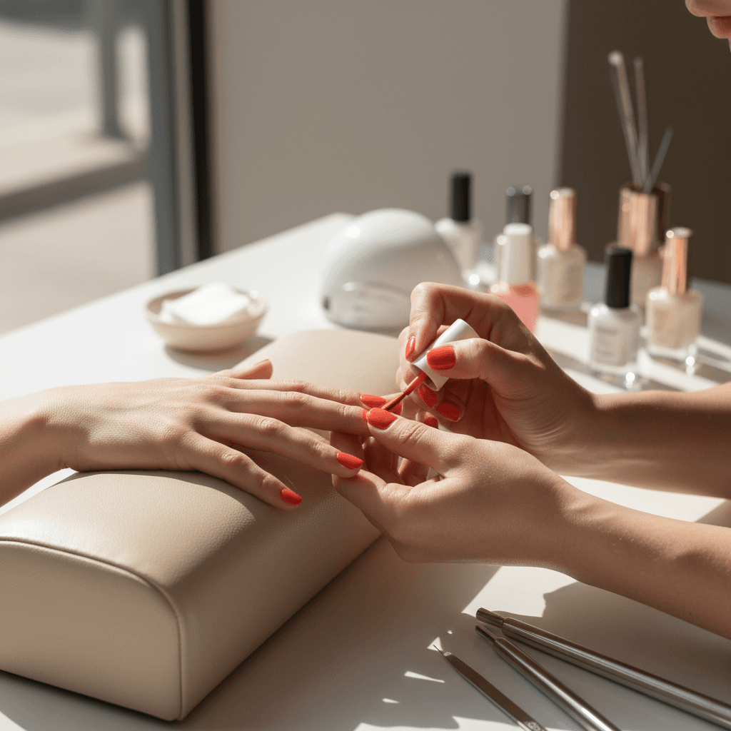 Woman examining her healthy smooth fingernails in natural light close up