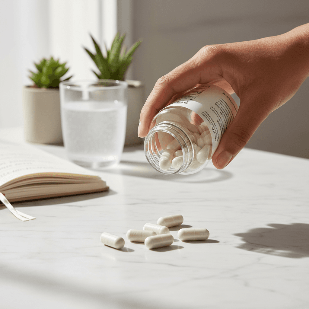 MetaNail supplement bottle next to capsules on a table