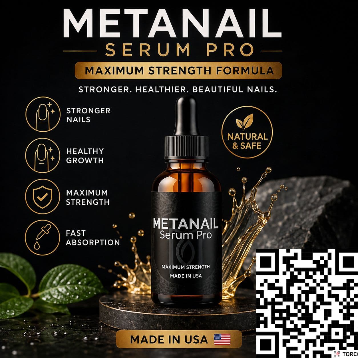 Metanail Serum Pro amber dropper bottle with liquid splashes, promoting stronger, healthier nails and growth.